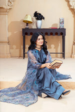 Slate Blue Organza Embroidered Shirt with Deep Charcoal Silk Farshi Shalwar – RNK4