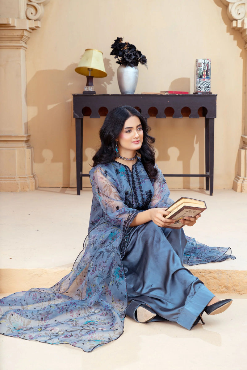 Slate Blue Organza Embroidered Shirt with Deep Charcoal Silk Farshi Shalwar – RNK4