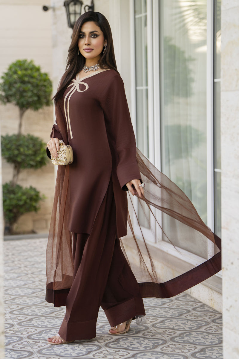 Mocha Brown Poly Raw Silk Farshi Set – Chand Sa Libaas by Aleezay | ALS5