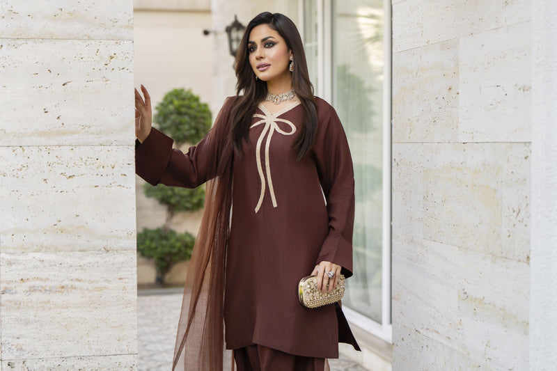 Mocha Brown Poly Raw Silk Farshi Set – Chand Sa Libaas by Aleezay | ALS5