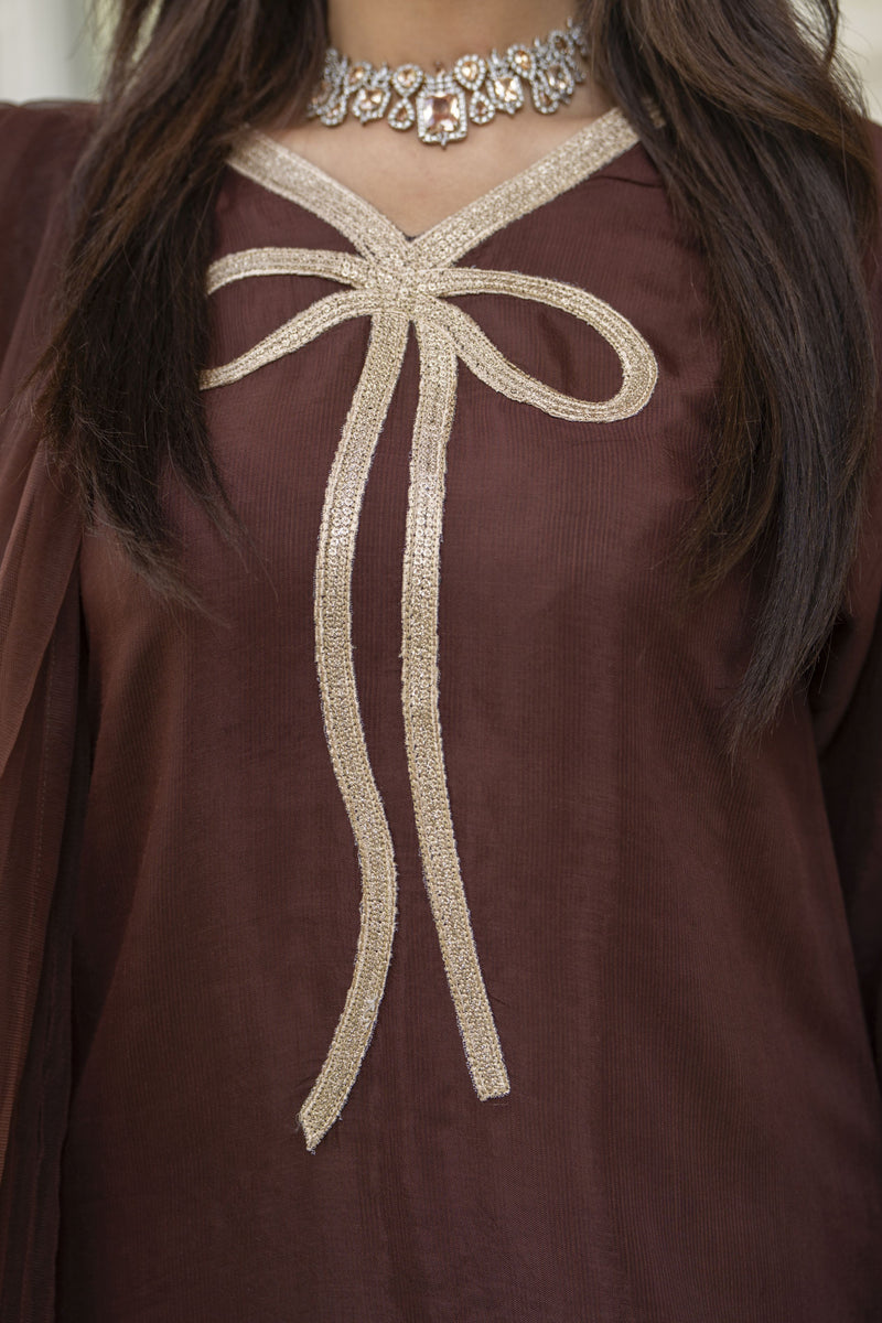 Mocha Brown Poly Raw Silk Farshi Set – Chand Sa Libaas by Aleezay | ALS5