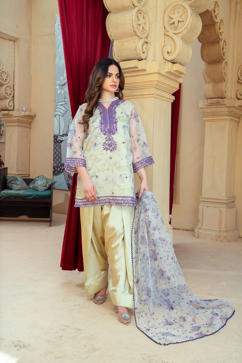 Floral Organza Shirt with Gold Silk Farshi Shalwar – RNK2
