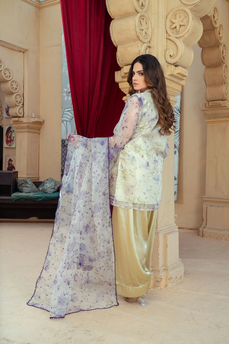 Floral Organza Shirt with Gold Silk Farshi Shalwar – RNK2