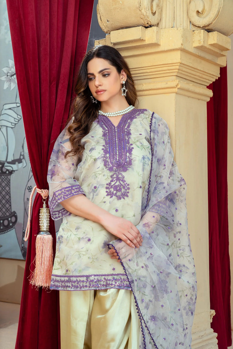 Floral Organza Shirt with Gold Silk Farshi Shalwar – RNK2