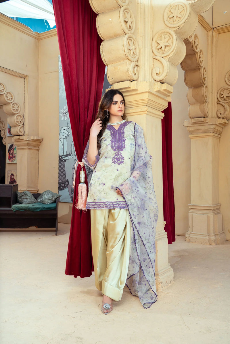 Floral Organza Shirt with Gold Silk Farshi Shalwar – RNK2