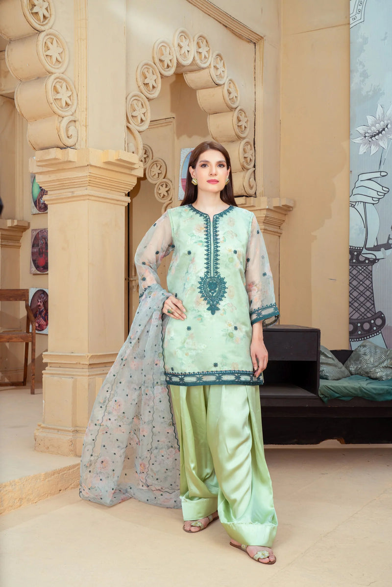 Mint Green Organza Embroidered Short Shirt with Silk Farshi Shalwar – RNK1