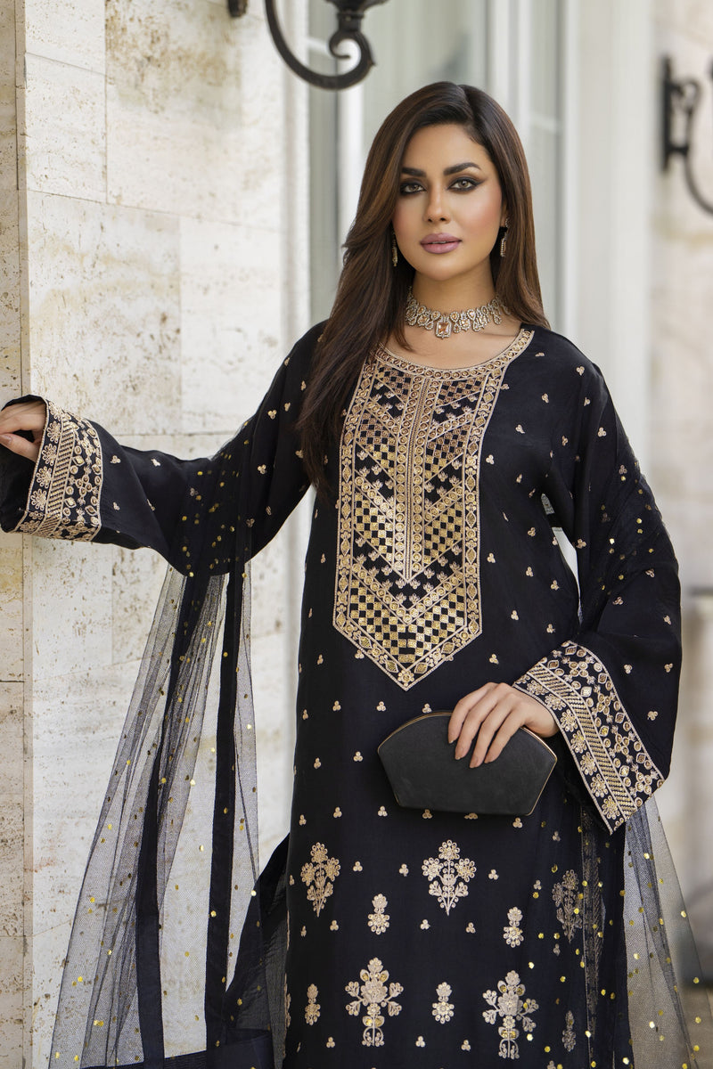black raw silk dress Embroidered Black Raw Silk Kaftan Dress: evening Formal Gown