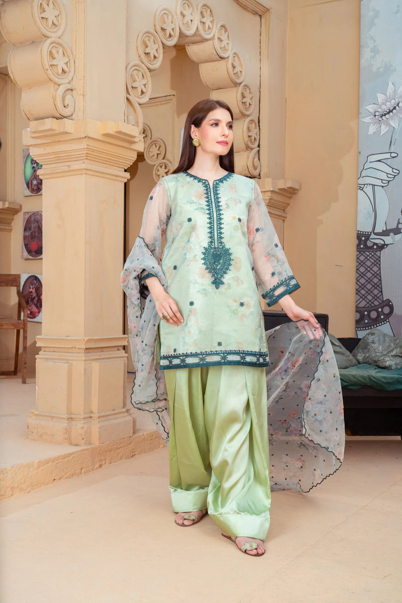 Mint Green Organza Embroidered Short Shirt with Silk Farshi Shalwar – RNK1