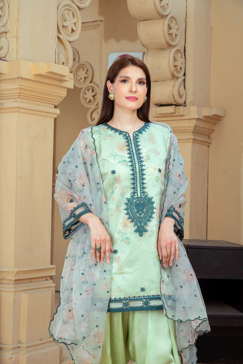 Mint Green Organza Embroidered Short Shirt with Silk Farshi Shalwar – RNK1