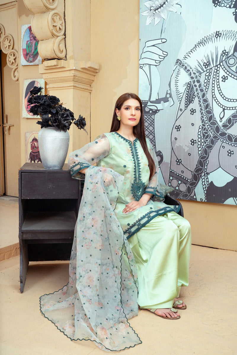 Mint Green Organza Embroidered Short Shirt with Silk Farshi Shalwar – RNK1