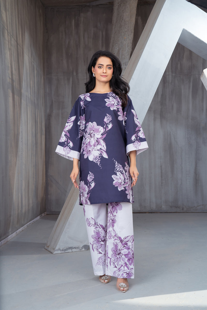 NK Everyday Lawn Co-ords – Purple Floral Contrast Shirt & Trouser Set NKE9