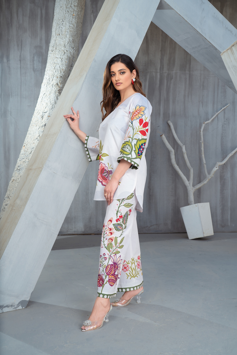 NK Everyday Lawn Co-ords – Colour Pop Floral High-Low Shirt & Trouser Set NKE8