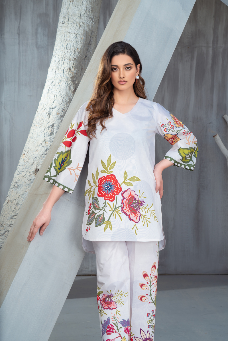 NK Everyday Lawn Co-ords – Colour Pop Floral High-Low Shirt & Trouser Set NKE8