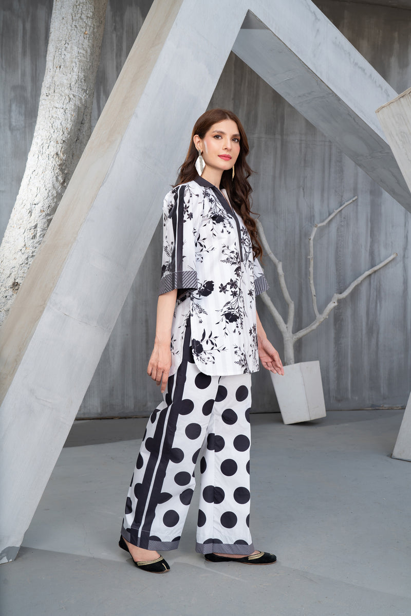 NK Everyday Lawn Co-ords – Monochrome Floral Shirt & Polka Dot Trouser Set NKE7
