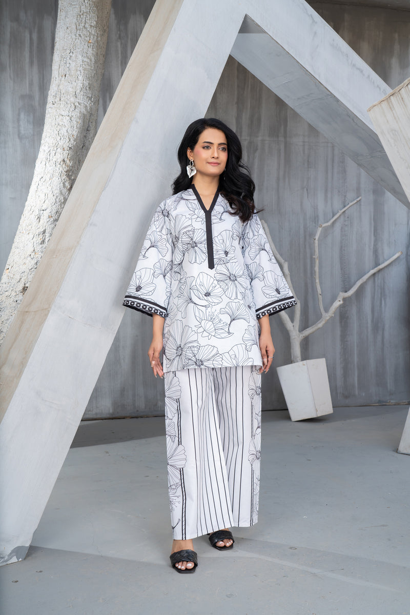NK Everyday Lawn Co-ords – Monochrome Floral & Stripe Print Set NKE6