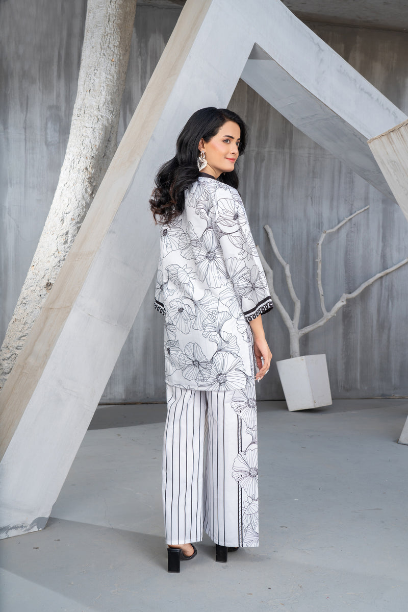 NK Everyday Lawn Co-ords – Monochrome Floral & Stripe Print Set NKE6