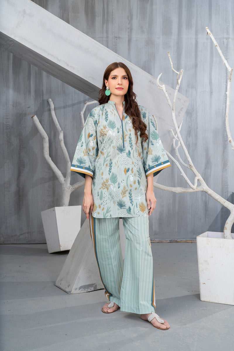 NK Everyday Lawn Co-ords – Mint Green Leaf Print Shirt & Striped Trouser Set NKE5
