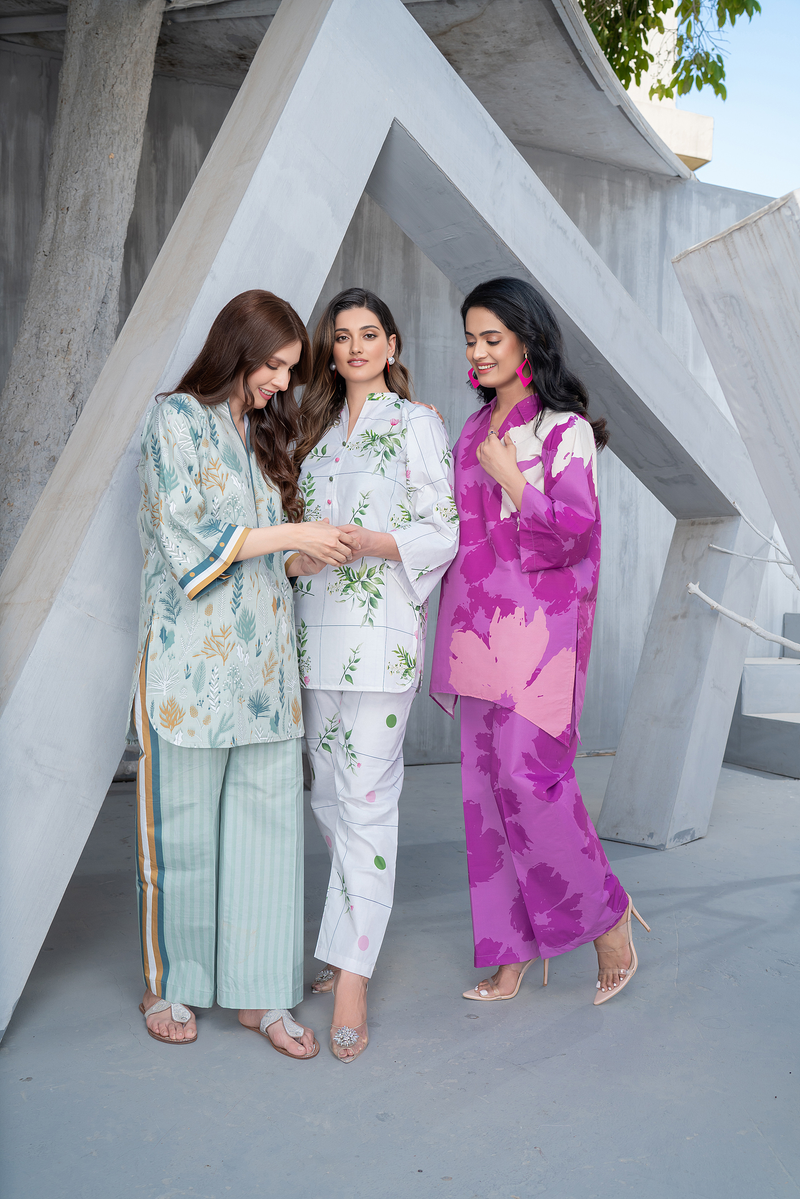 NK Everyday Lawn Co-ords – Mint Green Leaf Print Shirt & Striped Trouser Set NKE5