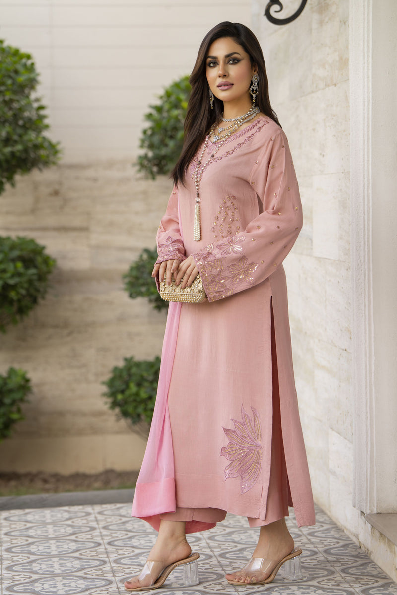 Blush Pink Raw Silk Embroidered Dress – Chand Sa Libaas by Aleezay | ALS1