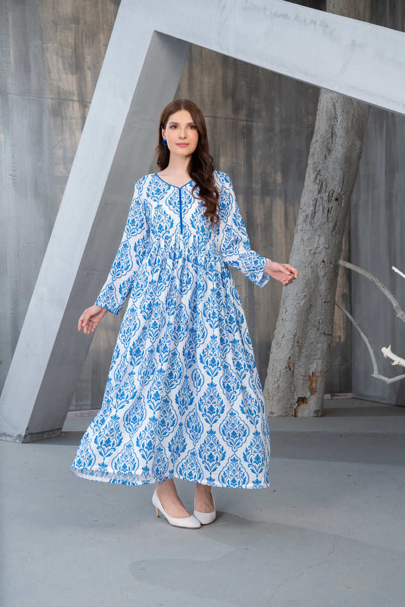 NK Everyday Lawn Co-ords – Blue Block Print Style Frock & Trousers Set NKE2