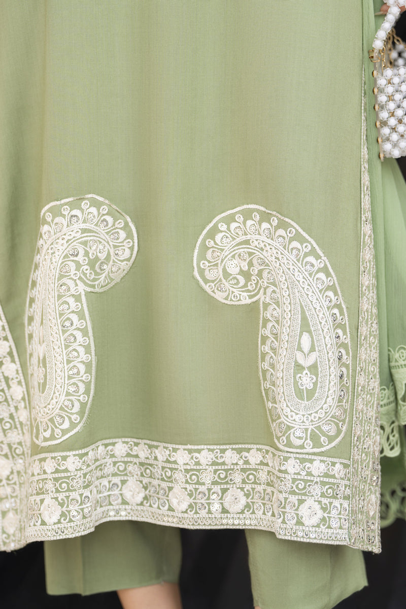 Pistachio Green Embroidered 3pc Linen Dress Linen Aura by Miski LAM8 The Zaibai Pistachio Green Embroidered 3pc Linen Dress Linen Aura by Miski LAM8 The Zaibai