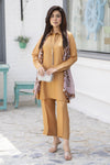 Caramel 3-Piece Poly Raw Silk Suit with Printed Silk Scarf | Essentials by Miski – EBM1