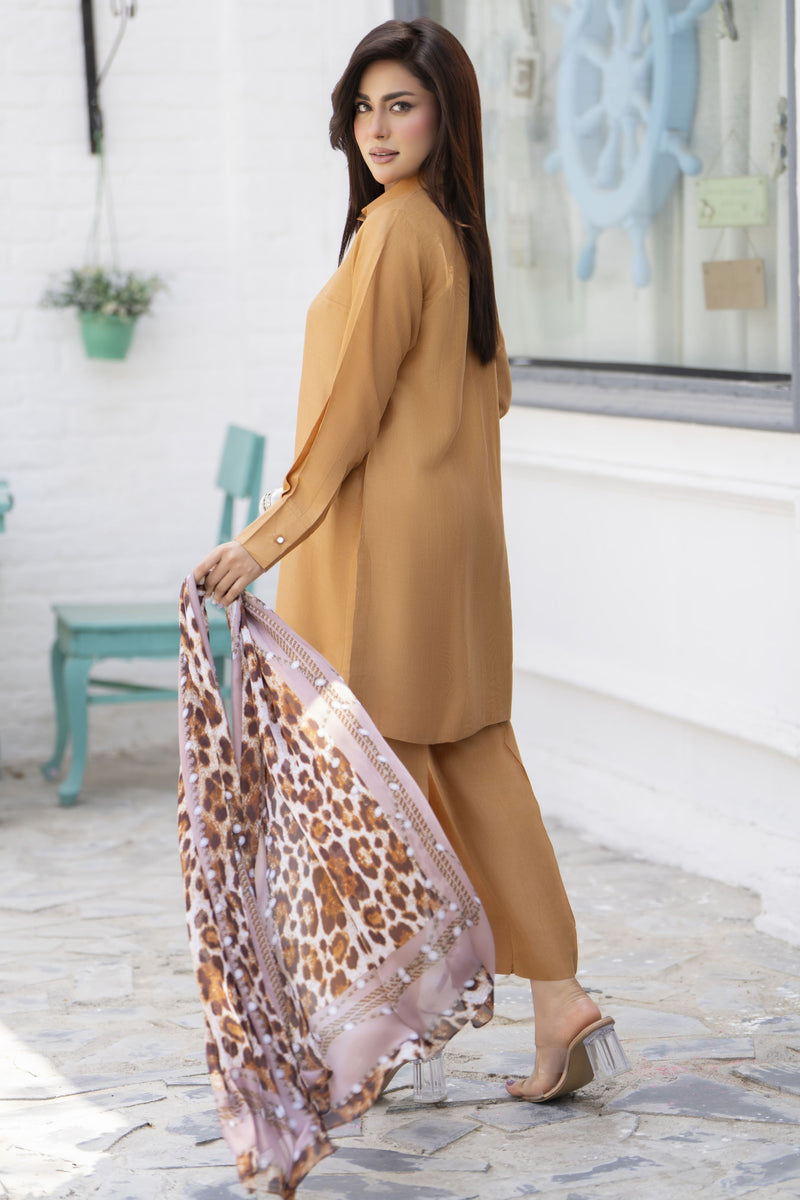 Caramel 3-Piece Poly Raw Silk Suit with Printed Silk Scarf | Essentials by Miski – EBM1