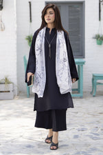 Classic Black 3-Piece Poly Raw Silk Suit with White Printed Silk Scarf | Essentials by Miski – EBM7