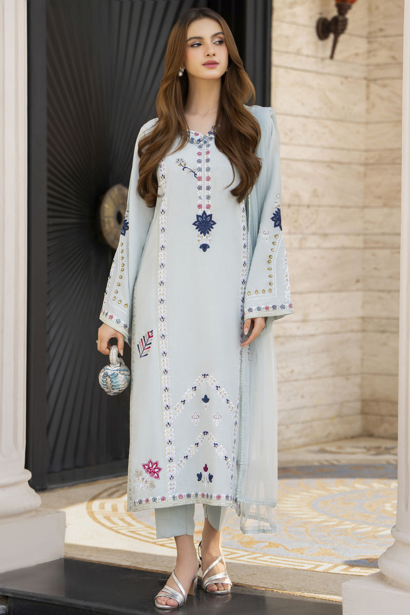 Ice Blue Embroidered 3pc Linen Pakistani Dress