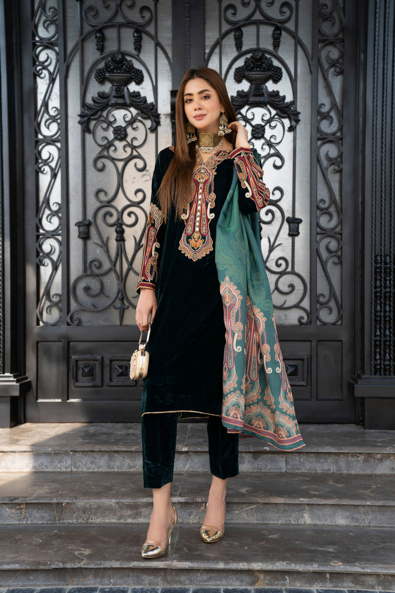 VOGUE VISTAS VELVET EMBROIDERED DRESS BY ZAIWA ZB7  The Zaibai