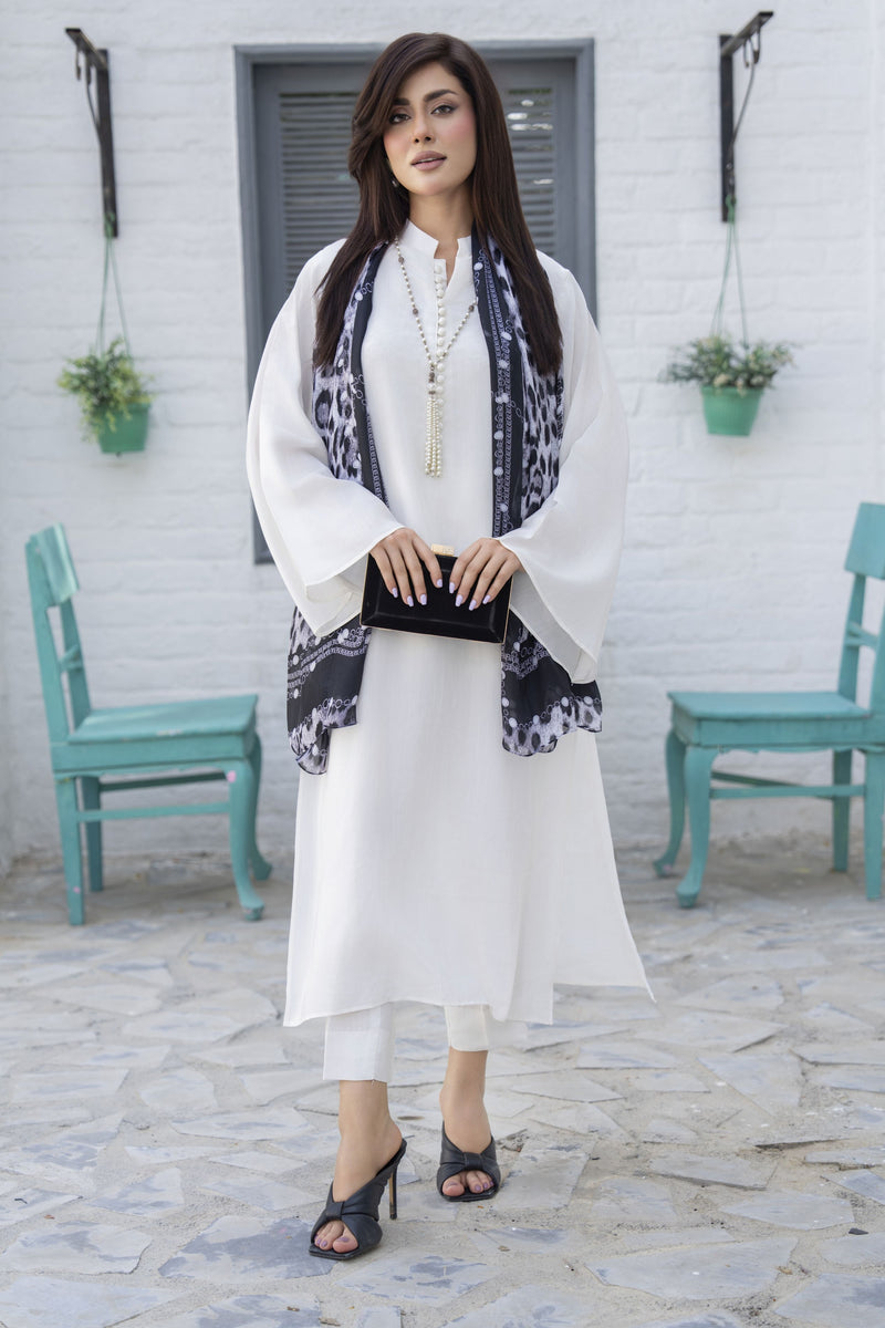Ivory 3-Piece Poly Raw Silk Suit with Monochrome Printed Silk Scarf | Essentials by Miski – EBM5