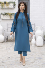 Teal Blue Linen 2pc Cutwork Sleeves Designer Dress ZBRW10