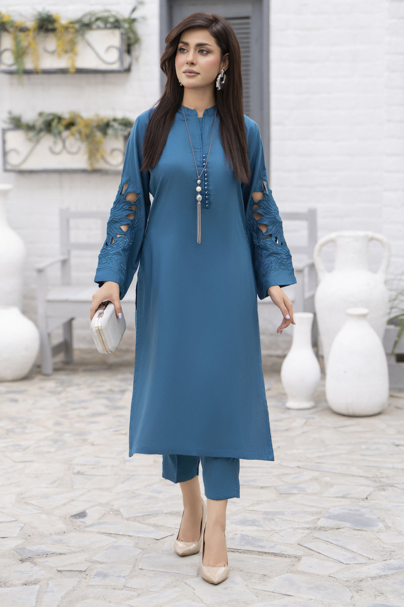 Teal Blue Linen 2pc Cutwork Sleeves Designer Dress ZBRW10