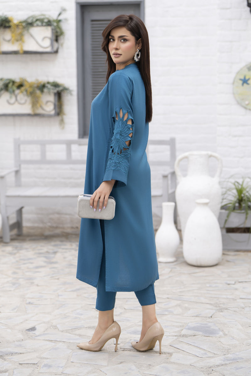 Teal Blue Linen 2pc Cutwork Sleeves Designer Dress ZBRW10