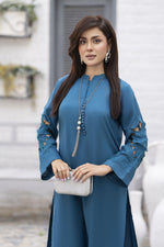 Teal Blue Linen 2pc Cutwork Sleeves Designer Dress ZBRW10