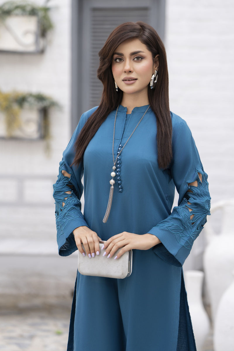 Teal Blue Linen 2pc Cutwork Sleeves Designer Dress ZBRW10