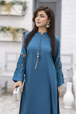 Teal Blue Linen 2pc Cutwork Sleeves Designer Dress ZBRW10