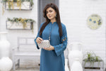 Teal Blue Linen 2pc Cutwork Sleeves Designer Dress ZBRW10