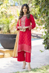 Radiant Red Embroidered 3pc Raw Silk Suit – Ros1 by Gul Warun