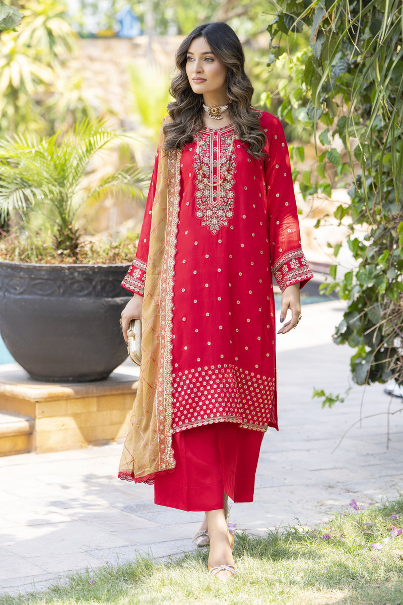Radiant Red Embroidered 3pc Raw Silk Suit – Ros1 by Gul Warun