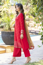 Radiant Red Embroidered 3pc Raw Silk Suit – Ros1 by Gul Warun