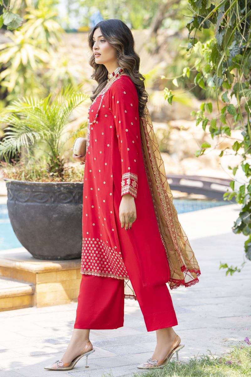 Radiant Red Embroidered 3pc Raw Silk Suit – Ros1 by Gul Warun