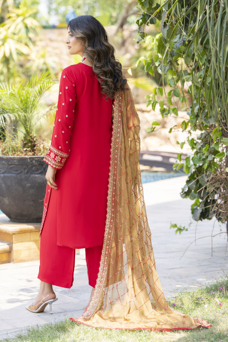 Radiant Red Embroidered 3pc Raw Silk Suit – Ros1 by Gul Warun