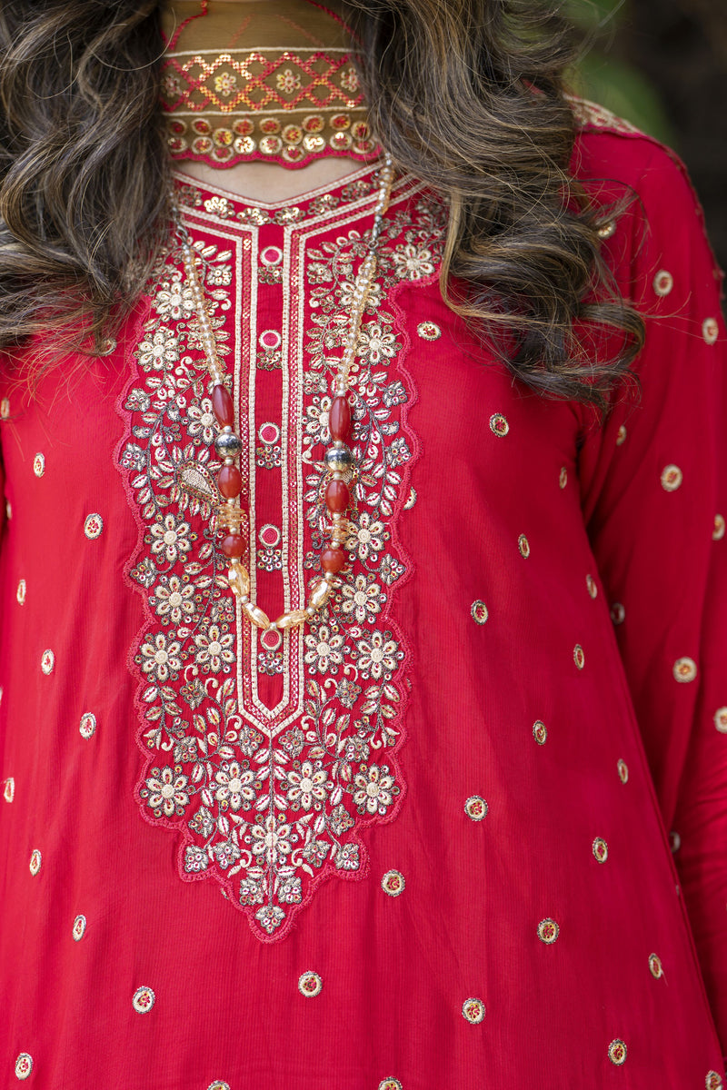 Radiant Red Embroidered 3pc Raw Silk Suit – Ros1 by Gul Warun