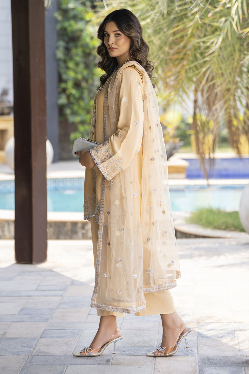 Champagne Gold Embroidered 3pc Raw Silk Suit – Ros2 by Gul Warun