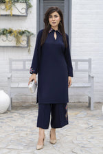 Zaiwa Navy Blue 2PC Ready to Wear Embroidered Linen Suit with Mirror Work LTZ7