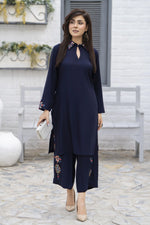 Zaiwa Navy Blue 2PC Ready to Wear Embroidered Linen Suit with Mirror Work LTZ7
