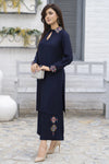 Zaiwa Navy Blue 2PC Ready to Wear Embroidered Linen Suit with Mirror Work LTZ7