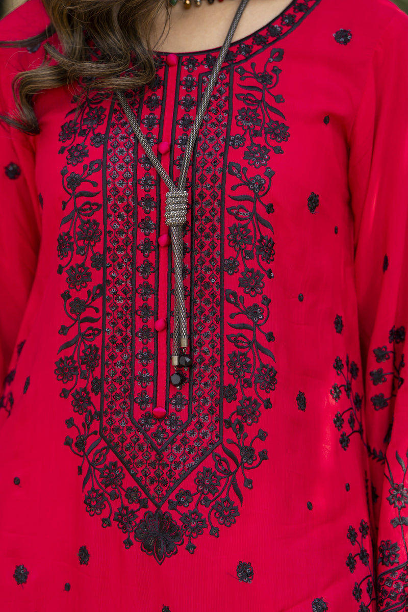 Deep Pink & Black Embroidered 3pc Raw Silk Suit – Ros3 by Gul Warun