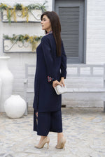 Zaiwa Navy Blue 2PC Ready to Wear Embroidered Linen Suit with Mirror Work LTZ7